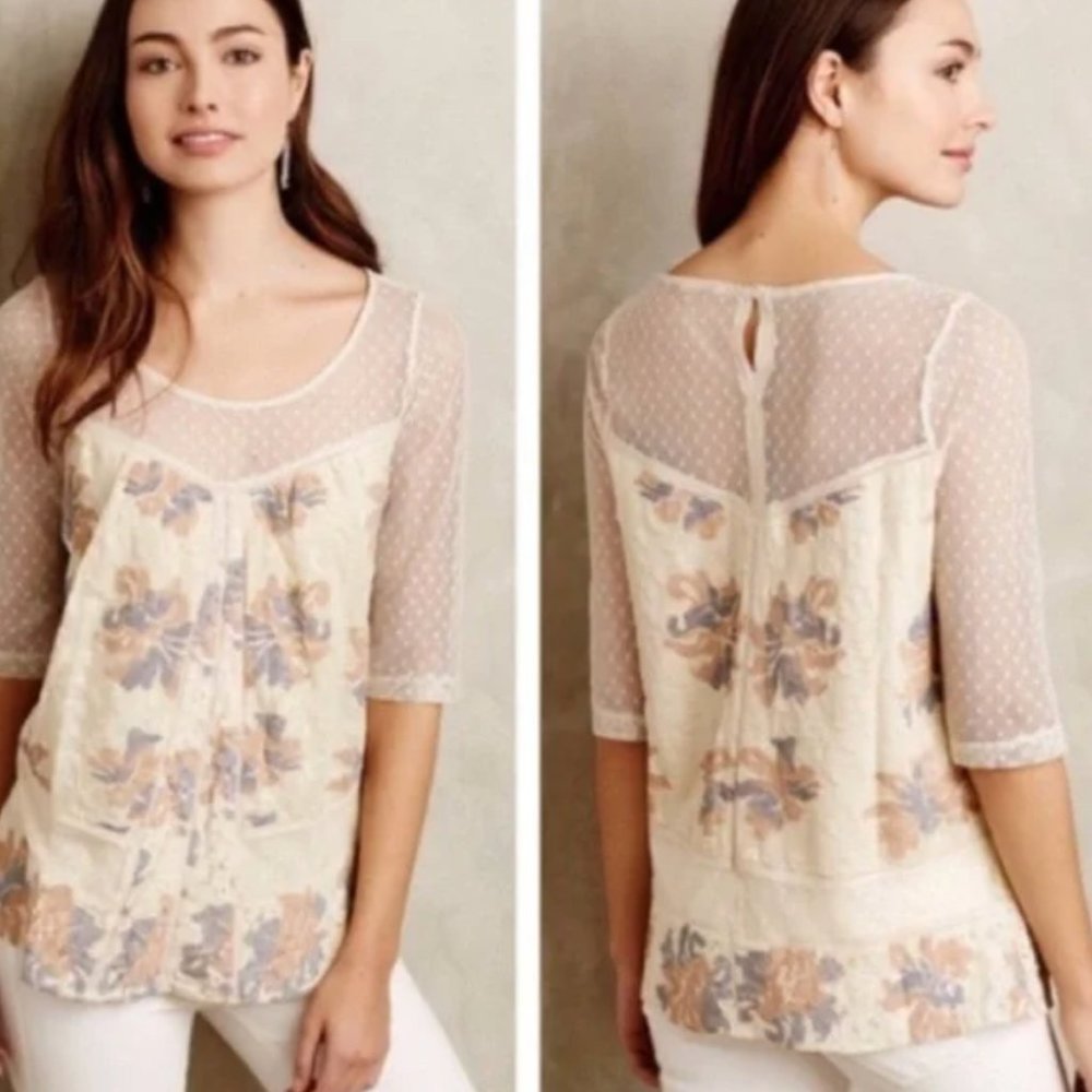Anthropologie Meadow Rue Ivory Floral Lace Top